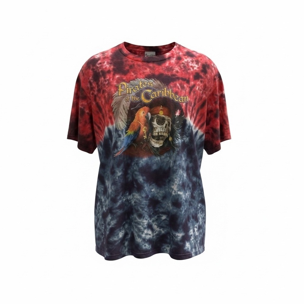 Walt Disney World Pirates of the Caribbean Tie Dye Graphic Shirt Red Navy Skull